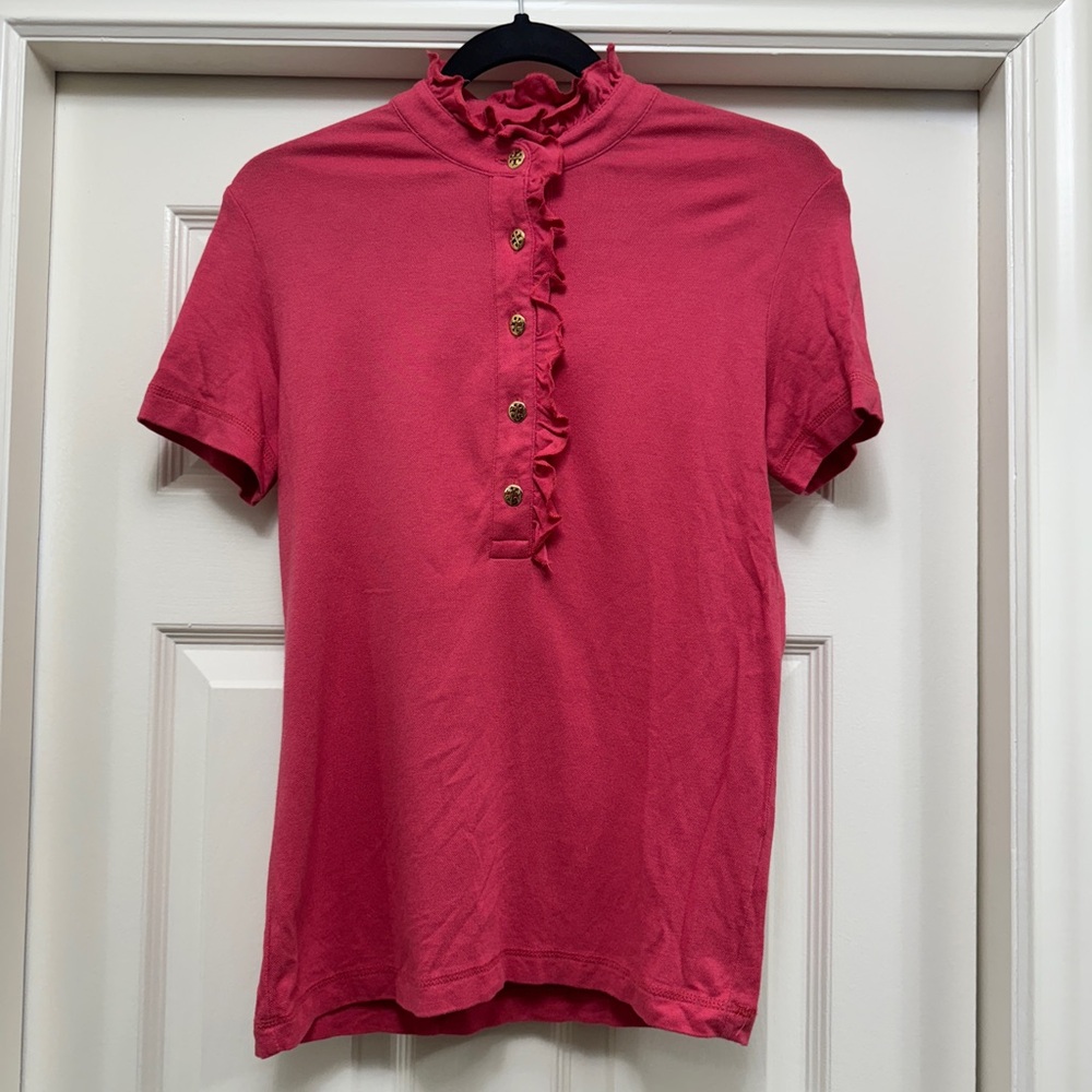 Tory Burch Ruffled Button-Up Pink Polo